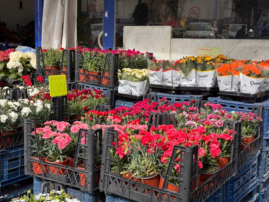 An outdoor display of fresh potted flowers arranged in black plastic crates and white-paper wrapping at a florist shop, featuring vibrant pink, red, yellow, white, and orange blooms with lush green fo