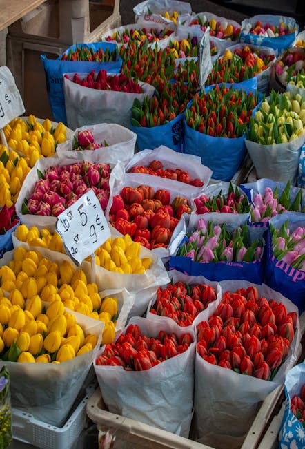 A vibrant display of tulip bouquets arranged in large white and blue paper wraps at a florist market. The tulips come in a variety of bright colours, including yellow, pink, red, orange, and purple, w