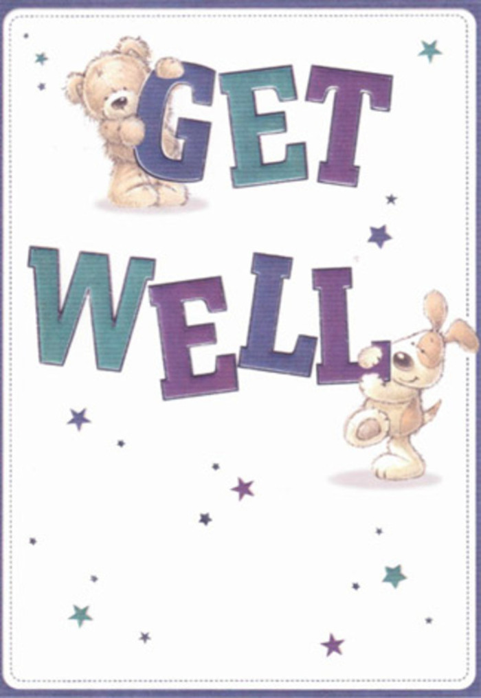 In this delightful get well card illustration, two storybook-style animals join forces to turn a simple message into a small moment of celebration, not unlike the feeling when a bright bouquet arrives at a doorstep in Kentish Town on a grey afternoon. The greeting GET WELL is written in large, bold, rounded letters that stack neatly at the centre of the card, each character shaded in a rich palette of purples, indigos, and teal blues. The colours appear gently blended, giving the impression of soft brushstrokes and lending the text a welcoming, almost pillow-like presence. A plump teddy bear, rendered in warm honey-brown tones, clings adorably to the top of the word GET, its arms wrapped around the letters as though embracing the sentiment itself. Beneath, a floppy-eared puppy in soft tan and cream leans against the letter W, its nose slightly lifted and tail implied in a jaunty curve, suggesting eagerness and gentle cheer. Scattered across the creamy white background, small stars and starbursts in shades of blue, violet, and aqua dance around the characters, like little sparks of magic carried on a breeze through nearby Parliament Hill Fields. The overall effect is light, airy, and optimistic, with generous white space that keeps the design feeling clean and uncluttered-an echo of the calm you might feel looking at a neatly arranged vase on a windowsill overlooking Kentish Town's terraced streets. Although no flowers are drawn, the scene conveys the same intention behind a thoughtfully curated get well arrangement: to reassure, to comfort, and to offer a moment of joy. One can imagine this card propped beside a fresh delivery from Florist Kentish Town, together forming a tender reminder that someone nearby is thinking of you and wishing you strength in the gentlest possible way.