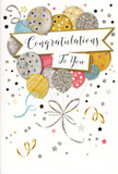 A tall, slender congratulations card is pictured, its design capturing the essence of a joyful moment shared in Kentish Town after good news. The card's front showcases an abundant bouquet of illustrated balloons rising from the lower half of the composition, arranged so that they overlap and cluster like blooms in a full celebratory arrangement. The balloons come in a mix of metallic gold and silver, champagne, soft sky blue, rosy blush, and muted grey, each with a subtle sheen that suggests they catch and reflect light. Many of them are embellished with dainty star patterns, whisper-fine stripes, or sparkling glitter-style details, giving the impression of gentle movement and festivity, as though they were floating above a party gathering off Fortess Road. From each balloon, slim gold and silver strings trail downward, crossing over and looping in natural, relaxed curves reminiscent of the ribbons tied by an experienced florist. Resting across the middle of this balloon bouquet is a smooth, cream banner bearing the phrase Congratulations To You in elegant, flowing script, the curves of the letters conveying warmth and sincerity. The background is softly tinted and filled with scattered elements - shimmering stars, swirls of ribbon, and specks of confetti - that dance around the central design like a quiet chorus of applause. The card's overall feeling is light, hopeful, and genuinely proud, perfect for sliding into a bouquet delivered across Kentish Town to celebrate exam results, promotions, personal milestones, or any moment when someone's achievement deserves to be recognised with both style and heartfelt emotion.