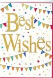 The congratulations card in this image radiates cheerful positivity, its design echoing the relaxed, friendly celebrations you might find in Kentish Town's neighbourhood cafes and homes. At the centre, the message Best Wishes is written in generous golden script, each loop and curve of the lettering slightly raised so that it seems almost three-dimensional against the fresh white background. The gold shimmers gently, like soft evening light glancing across familiar streets near Kentish Town Road, lending a sense of warmth and sincerity. Framing this central phrase, graceful arcs of bunting sweep along the top and bottom edges of the card. Each tiny pennant is painted in brilliant colours-teal, crimson, sunny yellow, bright green, and violet-with a mix of delicate stripes, neat polka dots, and small geometric designs, creating a lively pattern that still feels carefully composed. Between these colourful banners, a scattering of miniature stars and confetti-like dots drifts across the card in coordinating tones, adding sparkle and a feeling of motion, as though a handful of confetti has just been tossed in celebration. The generous white space around the design keeps it airy and modern, giving the eyes somewhere to rest while allowing the gold and colours to take centre stage. This card feels perfect for slipping into a bouquet delivered across Kentish Town-perhaps for exam success near Gospel Oak, a new job by Parliament Hill, or a housewarming just off Fortess Road-bringing with it a sense of shared happiness, encouragement, and the simple joy of marking a special moment well.