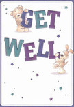 A charming illustrated get well card shows two whimsical friends-a soft, golden-brown teddy bear and a floppy-eared puppy-teaming up to deliver a cheerful message that simply reads GET WELL in large, bold letters. The word GET is stacked above WELL, drawn in chunky, playful typography shaded in deep purples, indigos, and teal-blue tones that almost appear hand-painted, with subtle shadows giving the impression of depth. The teddy bear clings to the top of the word GET, its rounded paws and stitched muzzle suggesting the familiar comfort of a favourite childhood toy, while the puppy leans eagerly against the letter W, its velvety ears flopping forward as if wagging in encouragement. Scattered around them, star shapes in varying sizes and hues of blue, violet, and soft aqua seem to sparkle like little bursts of hope against a clean, creamy white background. The scene feels airy and uncluttered, echoing the gentle calm of an early morning stroll through Kentish Town's quieter side streets, when everything seems possible again. There are no flowers drawn on the card, yet the overall feeling mirrors the soothing effect of a thoughtfully chosen get well bouquet: tender, uplifting, and reassuring. One can imagine this card resting beside a vase of fresh seasonal blooms delivered to a recovery room near Kentish Town West station, the combined gesture creating a small island of kindness and light. The illustration carries an emotional softness that feels ideal for children and adults alike, making it easy to picture a friend or neighbour on Lady Somerset Road smiling as they run their fingers across the raised letters and friendly characters, absorbing the gentle message of care and encouragement that flows through every detail of the design.